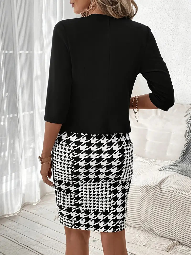 Ženski elegantni houndstooth odelo BLACK 25