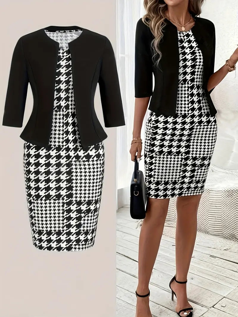 Ženski elegantni houndstooth odelo BLACK 25