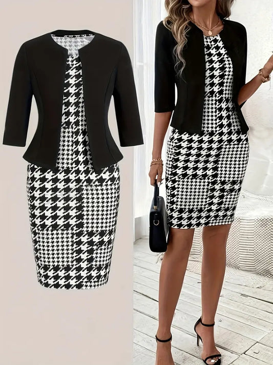 Ženski elegantni houndstooth odelo BLACK 25